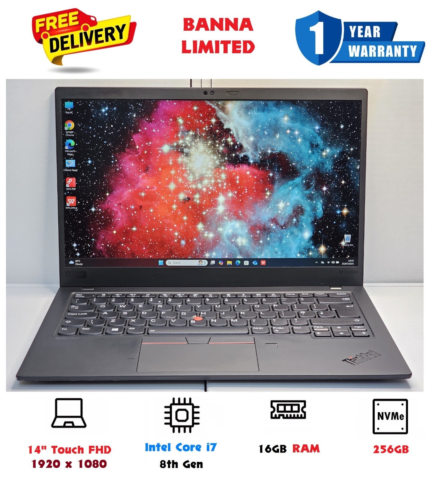 ThinkPad X1 Carbon 7th Gen Touchscreen Ultrabook - i7 8th Gen, 16GB RAM, FHD