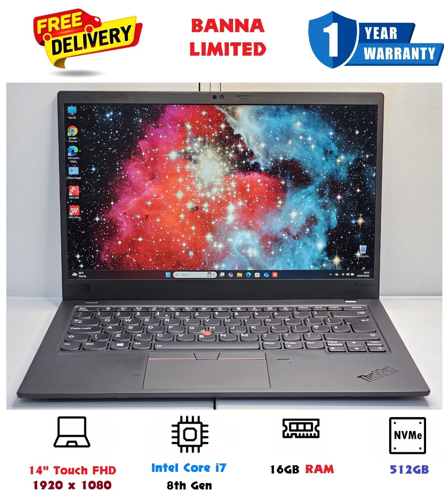 ThinkPad X1 Carbon 7th Gen Touchscreen Ultrabook - i7 8th Gen, 16GB RAM, FHD
