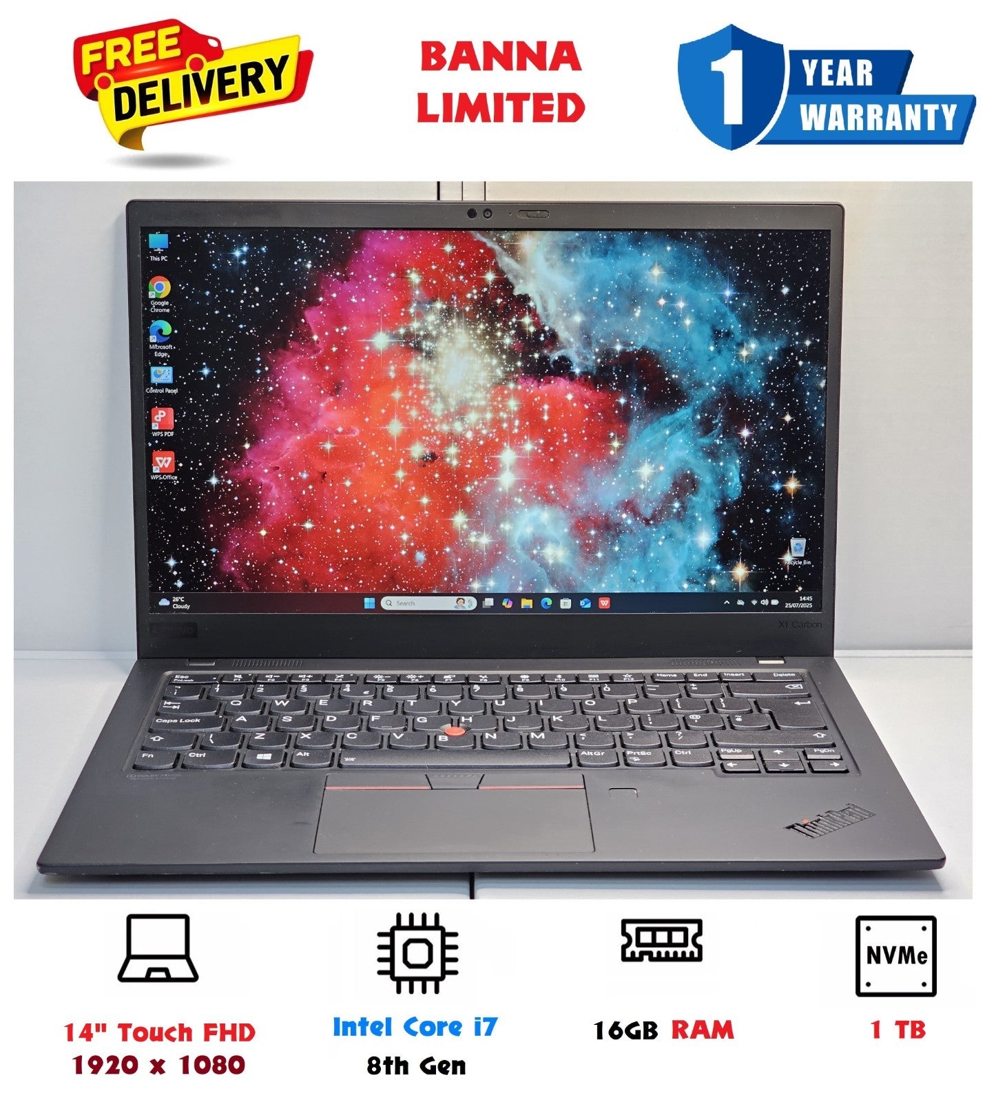 ThinkPad X1 Carbon 7th Gen Touchscreen Ultrabook - i7 8th Gen, 16GB RAM, FHD