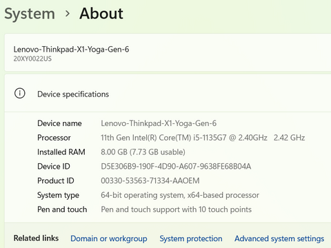Lenovo ThinkPad X1 Yoga Gen 6 512GB 8 11th Gen i5 14.0" Touch 360 2-in-1 Grade A